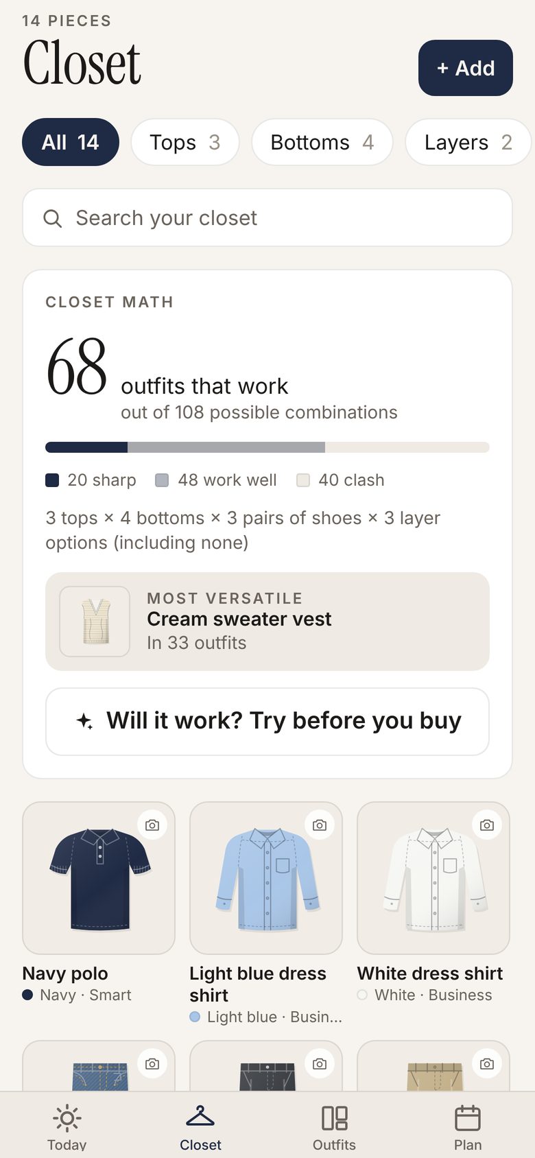 The Closet screen showing 68 outfits that work out of 108 combinations