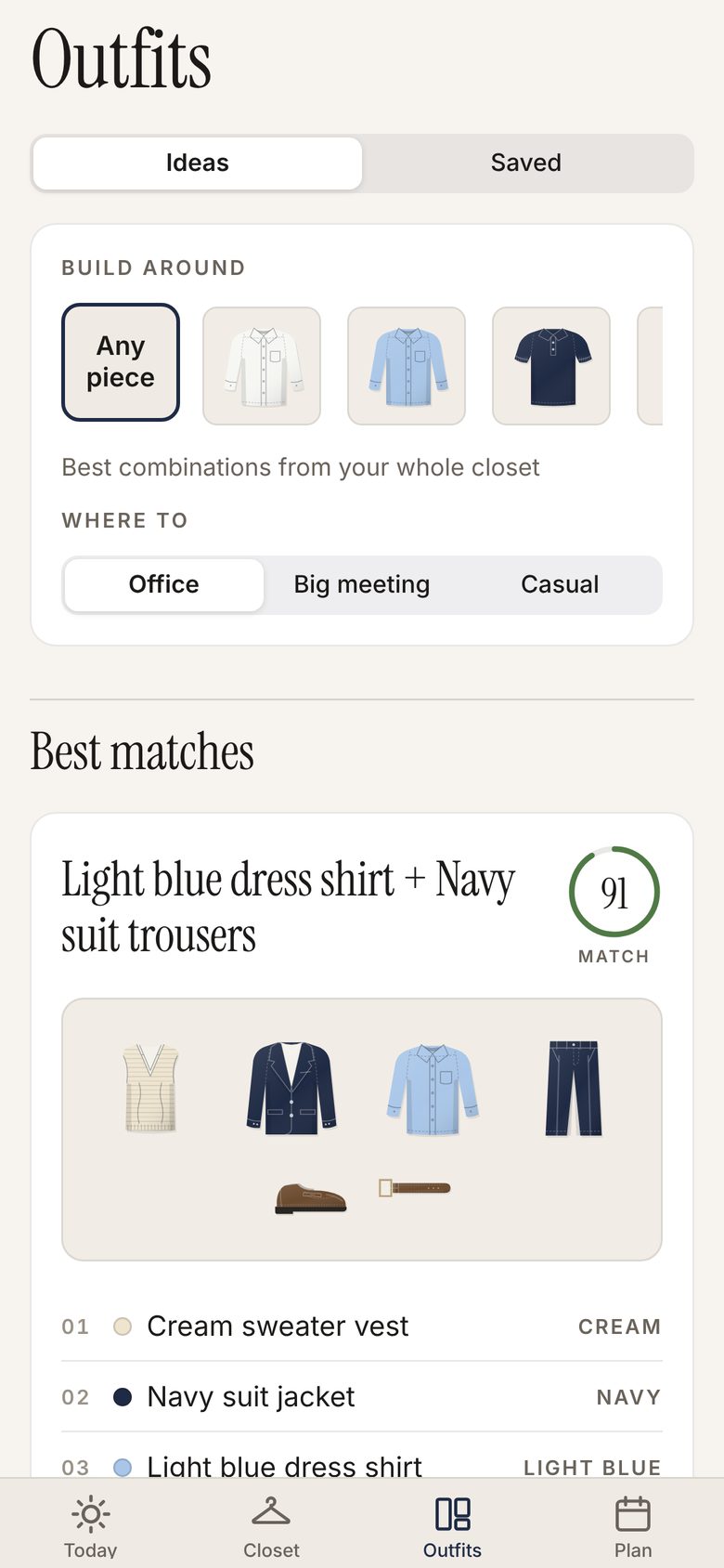 Workdrobe showing its best match: a light blue dress shirt, navy suit trousers and cream sweater vest, scoring 91