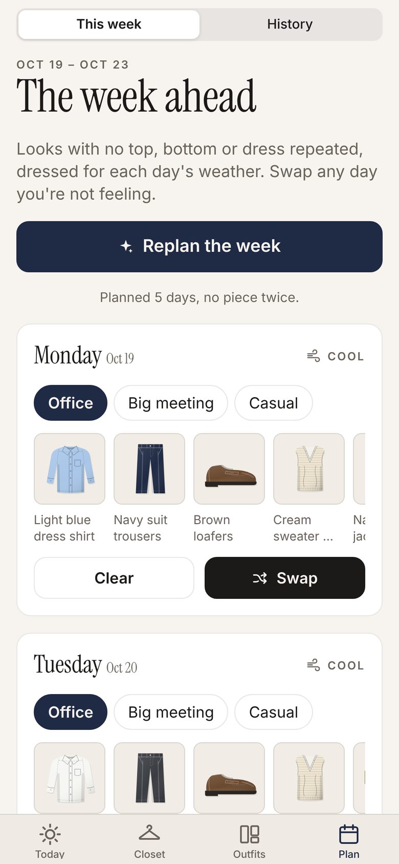 The Plan screen with a different outfit for each workday