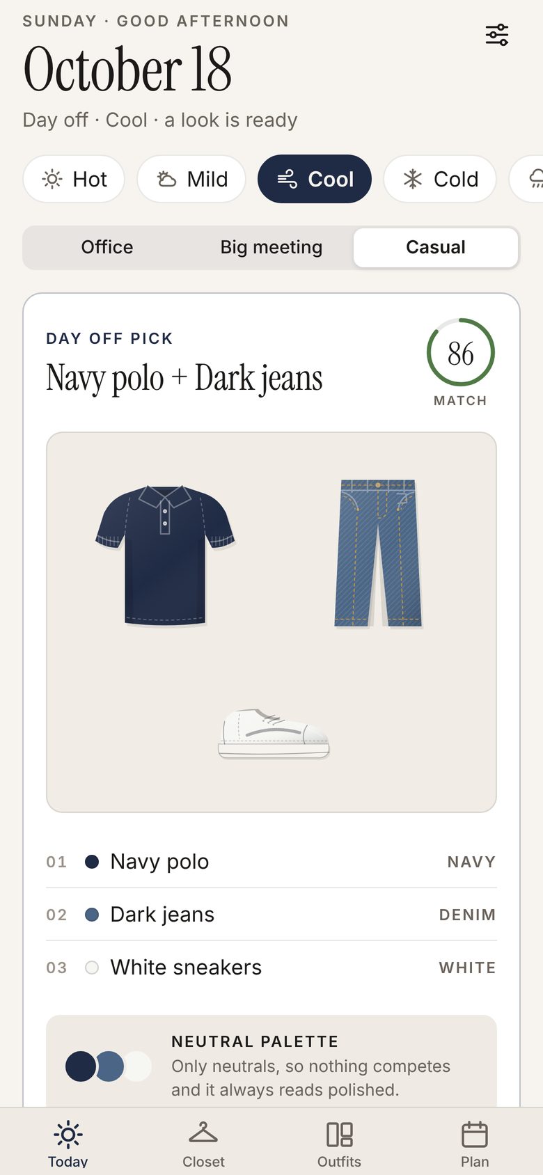 The Today screen: a navy polo with dark jeans and white sneakers, with a match score of 86